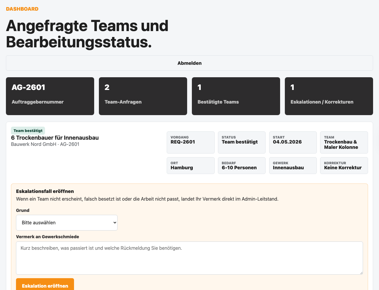 Auftraggeber-Dashboard mit Team-Anfragen, Status und Korrekturen